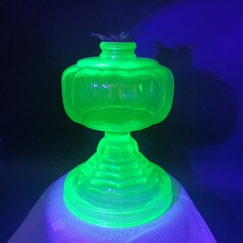 Antique Uranium Glass Pedestal Oil Lamp base 8.5" Aqua project lamp part *chips